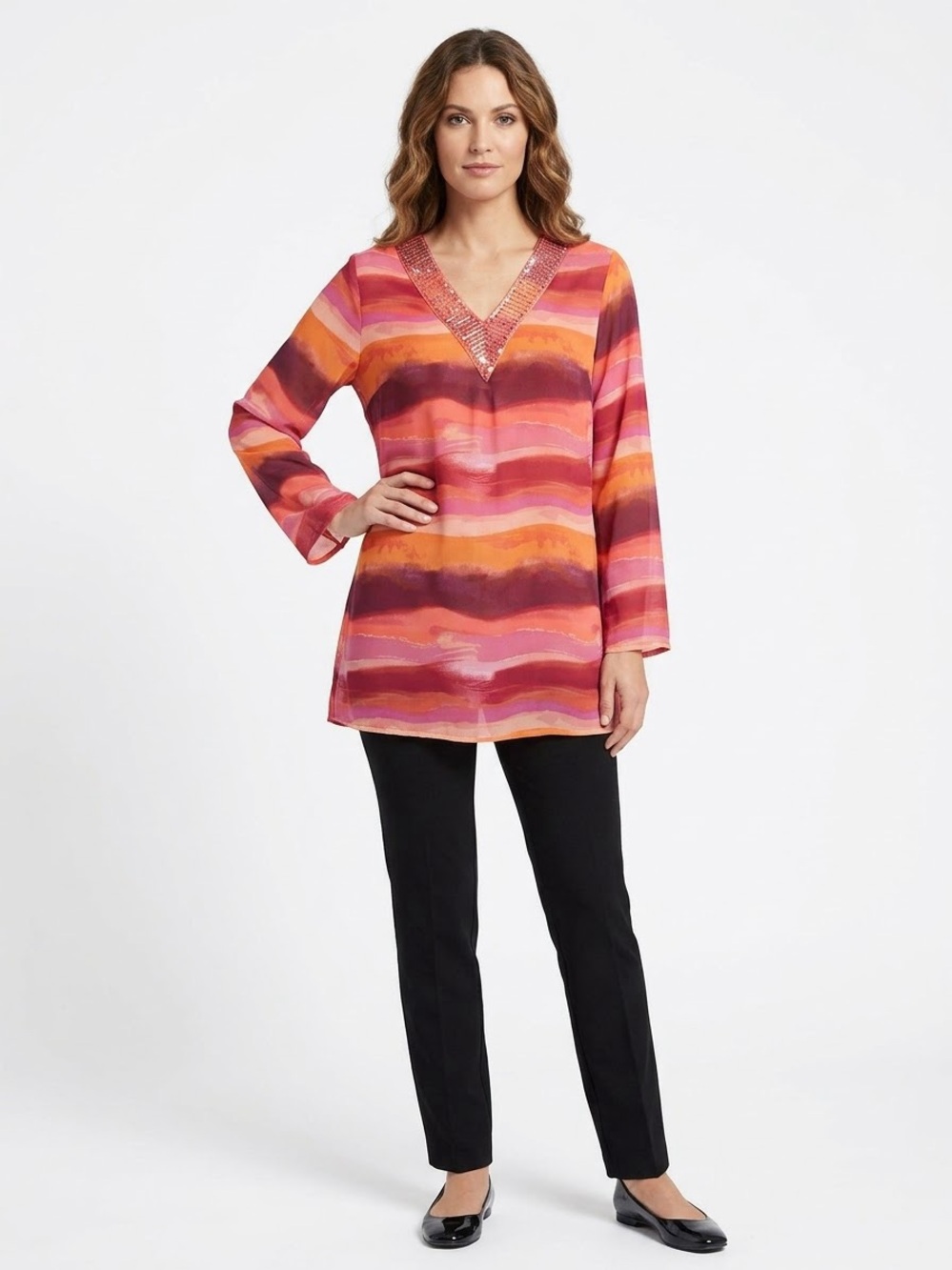 Claudia D. Abstract Beaded Blouse in Pink & Orange Like New